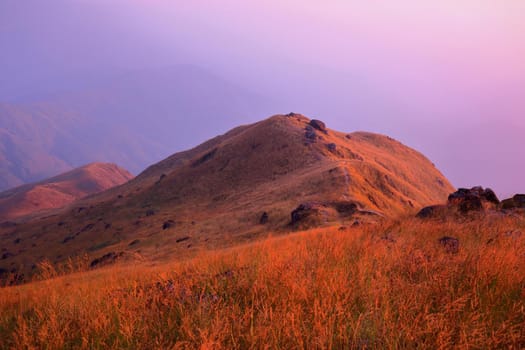 The hill in the evening There is sunshine on the meadow.