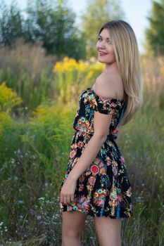 overlight bright portrait of a charming attractive blonde in flowery dress in the field.