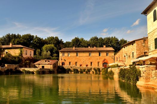 View of the beautiful tub of the springs, Bagno Vignoni, Tuscany.