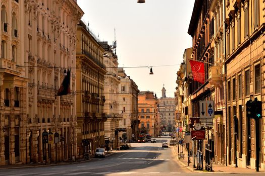 April 8th 2020, Rome, Italy: View of the Tritone street without tourists and traffic due to the lockdown