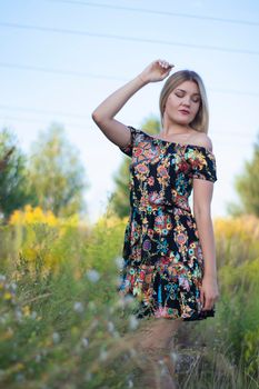 overlight bright portrait of a charming attractive blonde in flowery dress in the field.