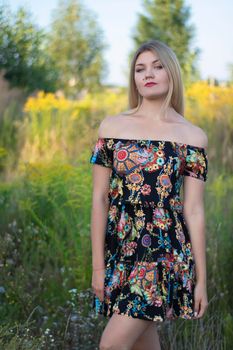 overlight bright portrait of a charming attractive blonde in flowery dress in the field.