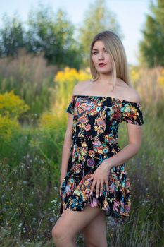 overlight bright portrait of a charming attractive blonde in flowery dress in the field.