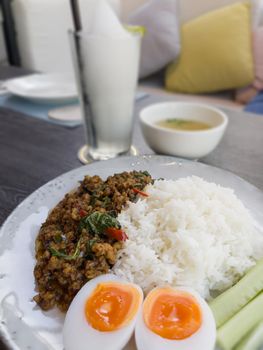 Thaifood basil chicken with boiled egg, stock photo