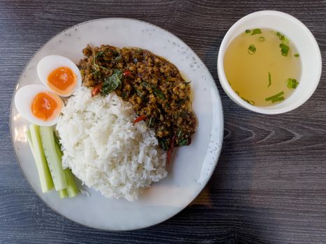 Thaifood basil chicken with boiled egg, stock photo