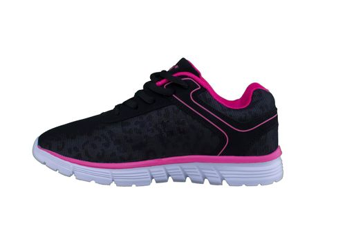 Black sneakers with pink accents on a white sole. Sport shoes on a white background.