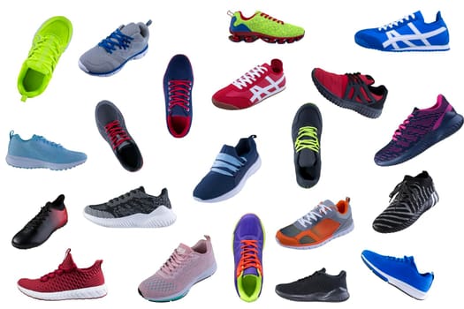 A lot of sneakers on a white background. Sport shoes