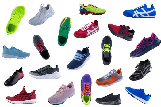 A lot of sneakers on a white background. Sport shoes