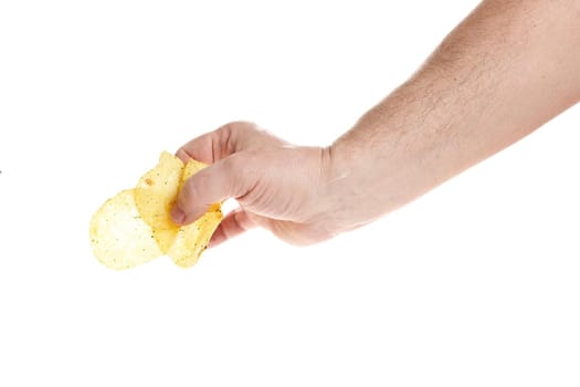 Hand holds chips on a white background, a template for designers.