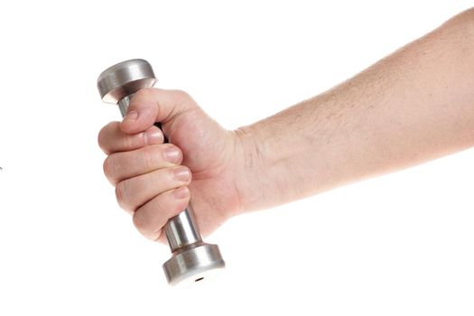 Hand holds a metal dumbbell on a white background, template for designers.