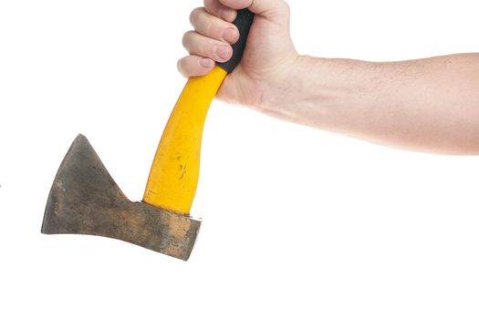 Hand holds an ax with a yellow handle on a white background, template for designers.