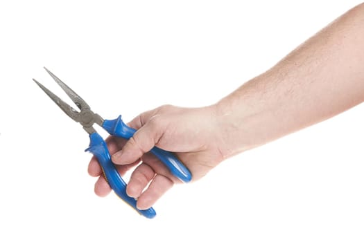 Hand holds pliers on a white background, template for designers. Close up