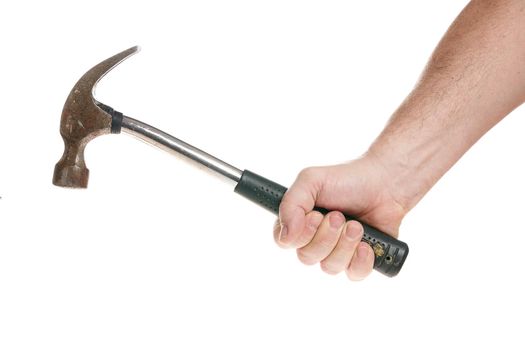 Hand holds a hammer with a bent handle on a white background, template for designers.