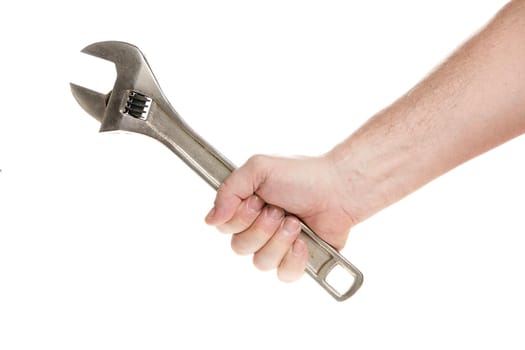 Hand holds an adjustable wrench on a white background, template for designers.