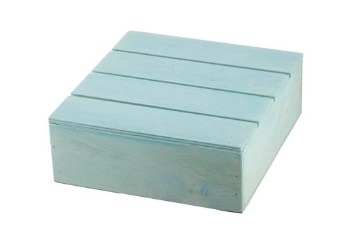 Wooden box with a lid on a white background. Turquoise storage box