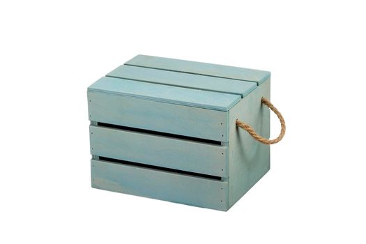 Wooden box with a lid on a white background. Turquoise storage box