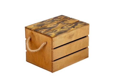 Wooden box with a lid of a military pattern on a white background
