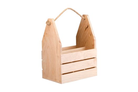 Wooden box with a rope handle on a white background. Storage box