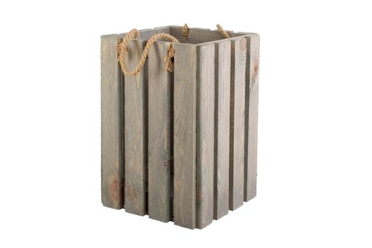 Wooden box on a white background. Big box with handle rope