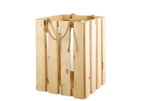 Wooden box on a white background. Big box with handle rope