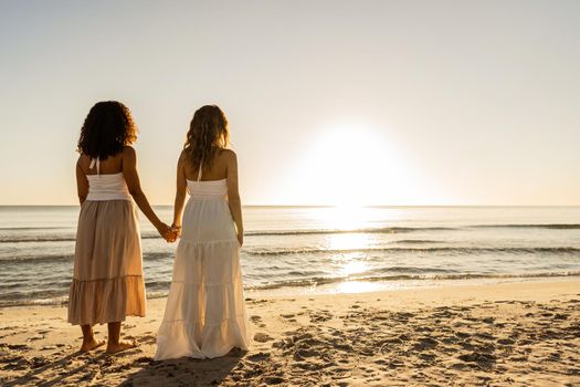 Couple of multiracial women in love view from back holding hands on the beach by the oceanic sea in front of the just rising or setting sun. Concept of diverse love without differences and limitations