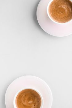 Drinks menu, italian espresso recipe and organic shop concept - Cup of hot french coffee as breakfast drink, flatlay cups on white background