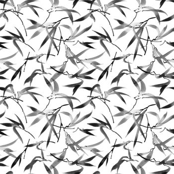 Watercolor illustration of bamboo leaves on white background. Oriental traditional painting, sumi-e. Seamless pattern.