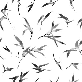 Watercolor illustration of bamboo leaves on white background. Oriental traditional painting, sumi-e. Seamless pattern.