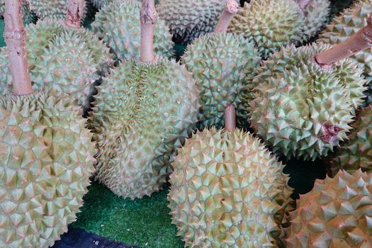 Basket full of durians at Talad Thai fruits market.