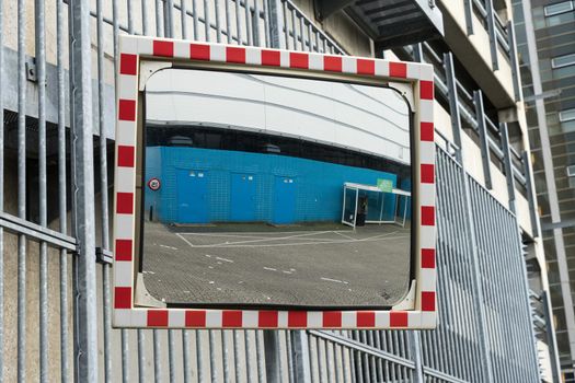 Traffic mirror to see cars coming from around the corner for safety