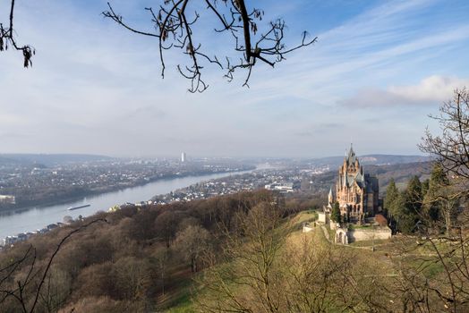 Overview of Castle Drachenburg Siebengebirge and River Rhine Bonn Germany