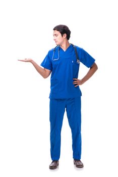 Young male doctor isolated on white background