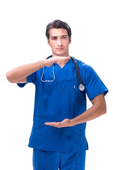 Young male doctor isolated on white background