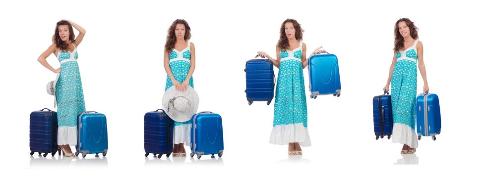 Woman traveller with suitcase isolated on white