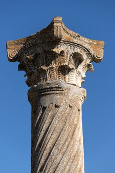 Volubilis is a site of Roman ruins and formerly a partly excavated Berber city in Morocco near the city of Meknes.The images show the ruined buildings and columns that are part of the large site High quality photo