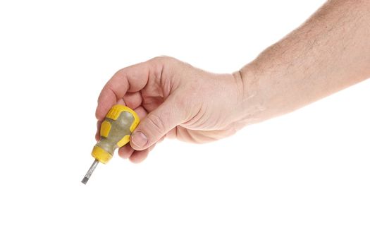 Hand holds a screwdriver on a white background, a template for designers. Close up