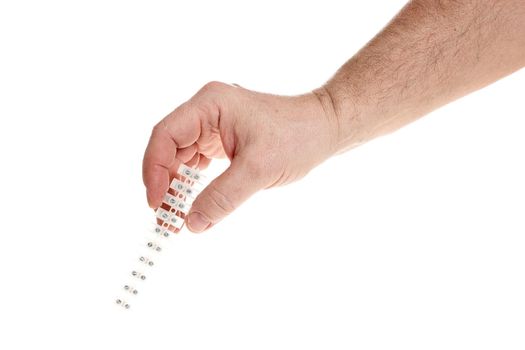 Hand holds a wiring connector on a white background, template for designers.