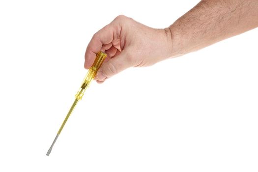 Hand holds a screwdriver on a white background, a template for designers. Close up