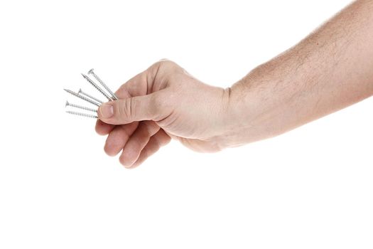 Hand holds metal screws on a white background, a template for designers. Close up