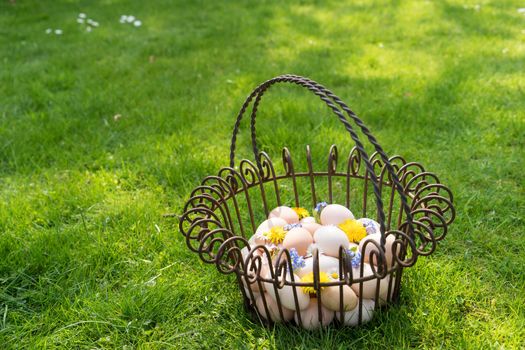 Basket with eggs on the grass to find on easter morning