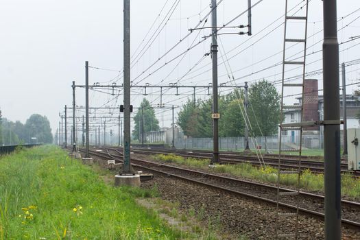 Railway, rail track with grassland and yellow flowers, transportation