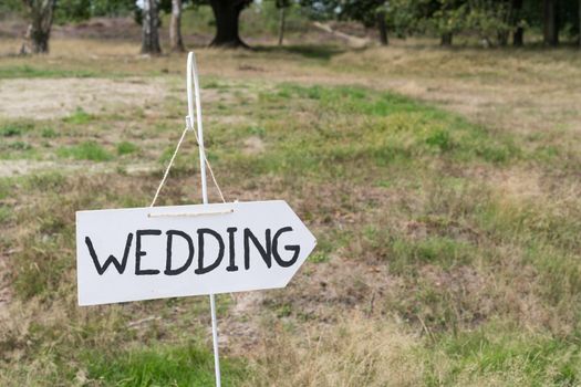 Wooden direction with wedding text standing in a field near a forest outside