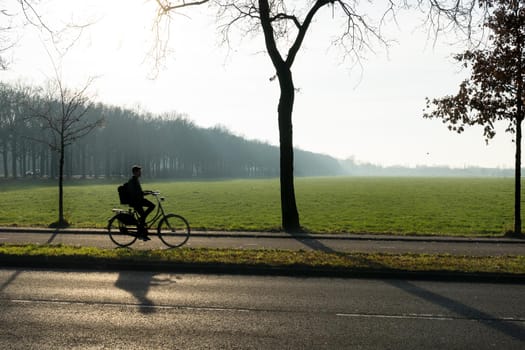 A silhouette of a cyclist with trees in the morning sun with mist and a wide view over a grassland