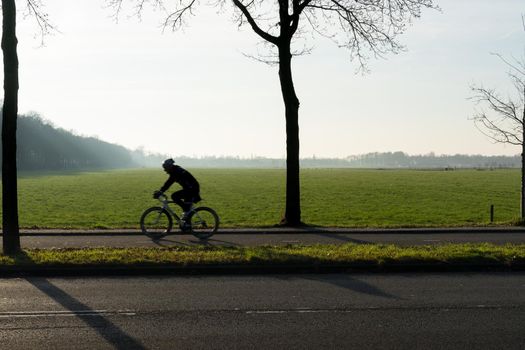 A silhouette of a racing cyclist with trees in the morning sun with mist and a wide view over a grassland