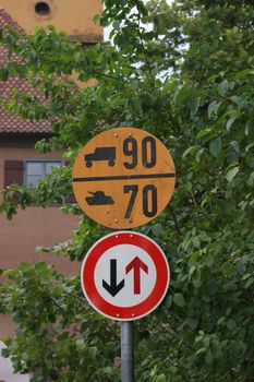 German information road sign of the Federal Ministry of Defence about military load classification restrictions outside on a road in Bonn, Germany