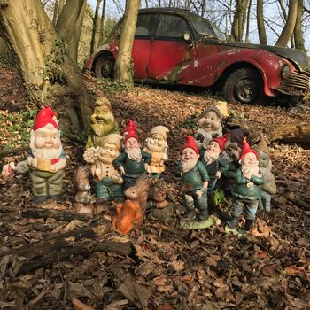 a Group of stone gnome statues in an autumn forest with a old abandoned car in the background