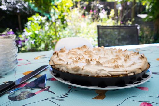 Cake with meringue frosting on a plate on a decorative set table outdoors side view