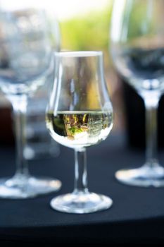 Glass with white wine standing at a table with reflections at an outdoor wine tasting