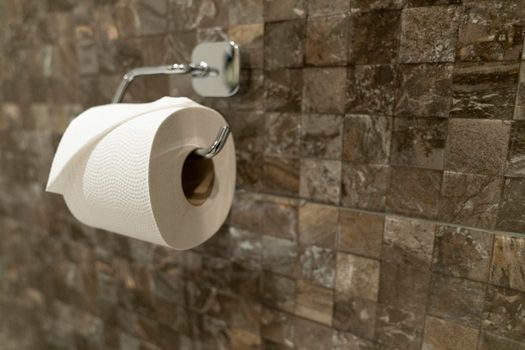 A fresh roll of toilet paper with a folded end hanging on a toilet roll holder against brown tiled wall