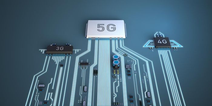 Abstract illustration of 5g, 4g, and 3g processors competing with each other. Ahead is a processor with 5g technology.
